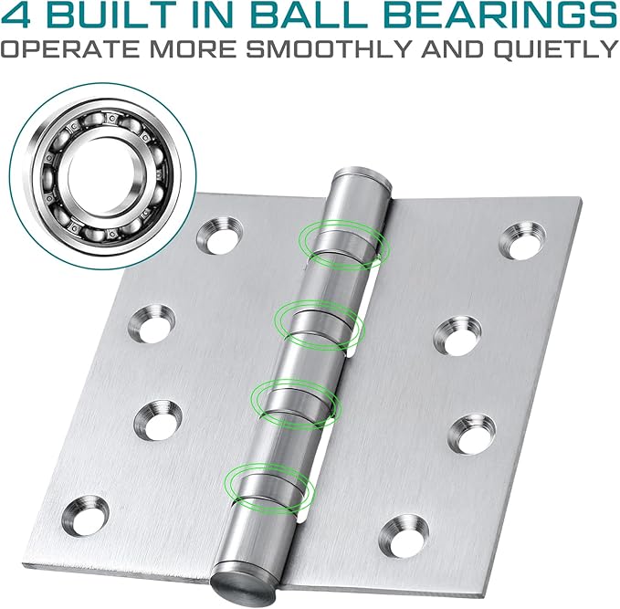 6 Pcs 4'' Ball Bearing Door Hinges Stainless Steel Heavy Duty Hinges 4 x 4 Inch Exterior Door Hinges with Square Corners (Silver)