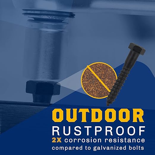 1/2" x 3”, 25-Piece Black Lag Bolts, Rustproof 4-Layer Ceramic BLAKOTE, 2X Protection of Galvanized Lag Screws, for Decks Pergolas by Makers Bolt