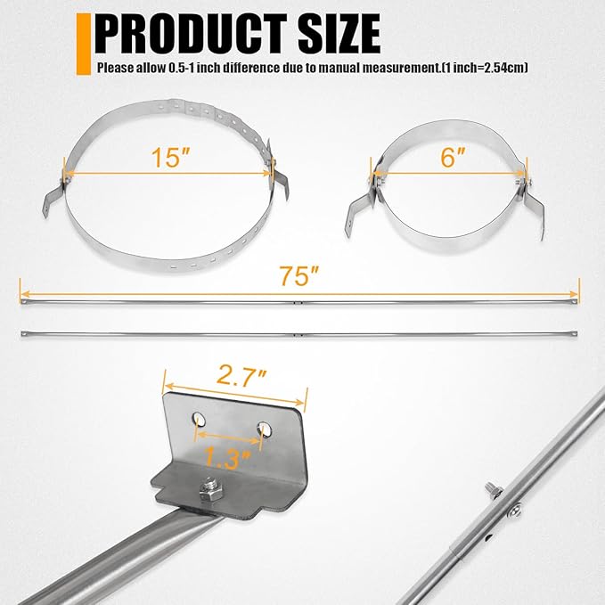 Extended Roof Chimney Support Bracket Compatible with Chimney Pipes 6"-15" Diameter Adjustable Roof Brace Includes Mounting Bracket Leg and Nut Gasket Provides Stability Against Snow and Wind