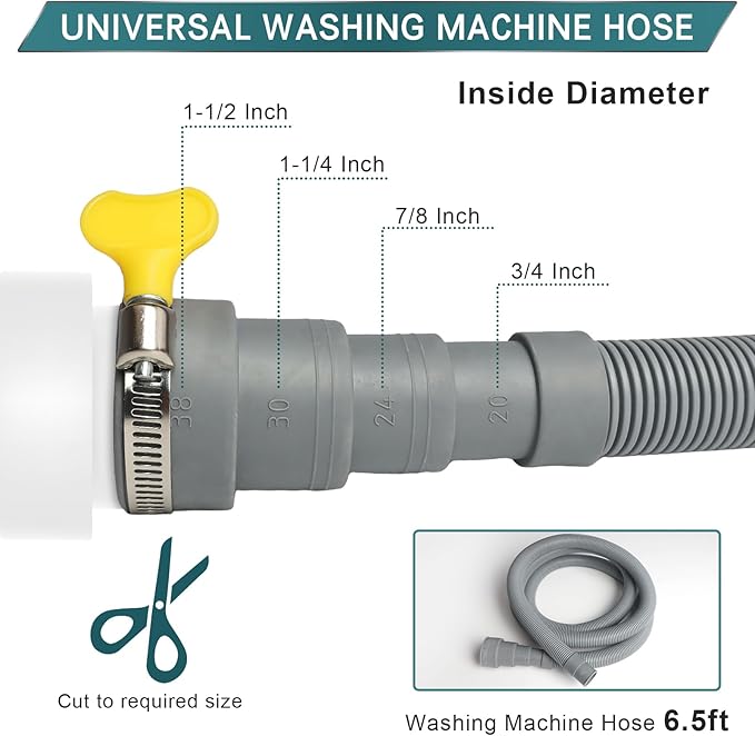 6.5FT Washing Machine Drain Hose, Universal Dishwasher Hose Extension Kit with 1 U-Bend Holder, 1 Extension Adapter and 4 Hose Clamps