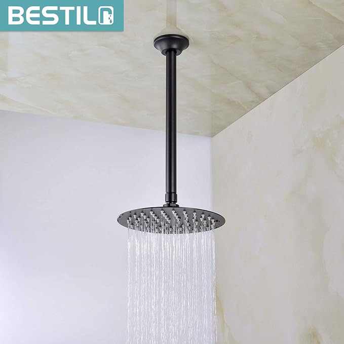 BESTILL 12 Inch Ceiling Mount Rain Shower Head Arm and Flange, Matte Black