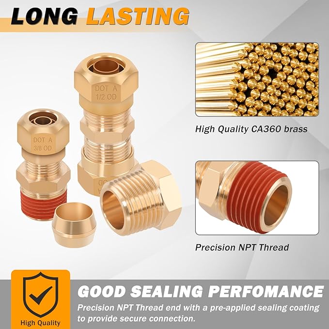 42 PCS DOT Air Brake Line Fittings, Brass Compression Air Nylon Tubing Fittings Repair Assortment 1/8" 1/4" 3/8" 1/2" 5/8" For Trucks or Industrial Air System