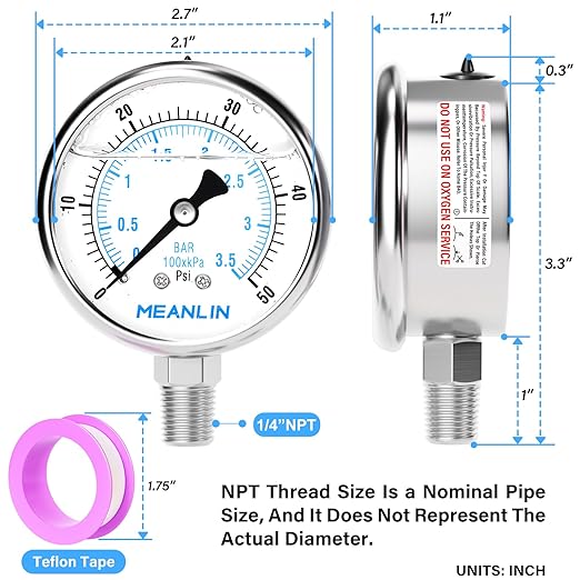 MEANLIN MEASURE 0~50Psi Liquid Filled Pressure Gauge Stainless Steel with 316 Stainless Steel Joint 1/4" NPT 2.5" FACE DIAL for Pool Sand Filter Water Oil Air Pressure Test Lower Mount