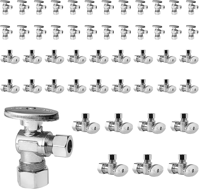 50-Pack Foskan Compression Angle Stop Valve,1/4 Turn Shut Off Valve 1/2" NOM (5/8" OD) x 3/8" OD,Chrome Plated Brass