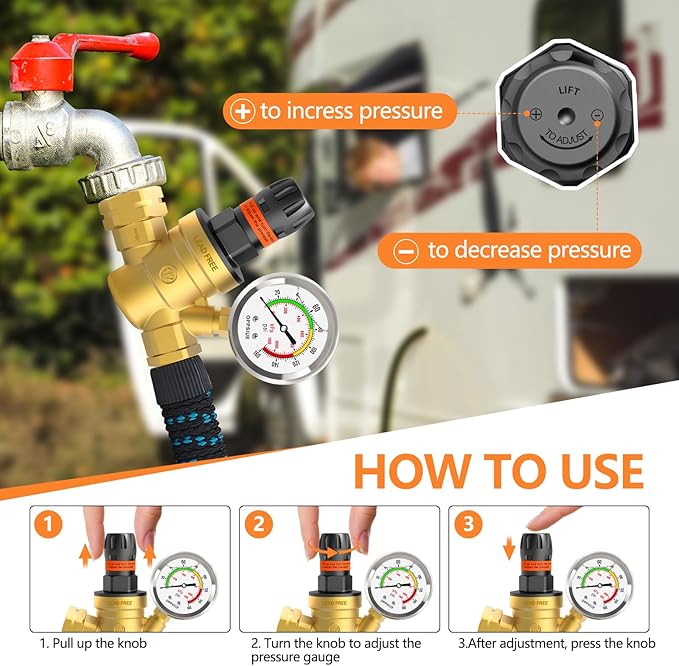 RV Water Pressure Regulator, Handle Adjustable Knob No Tool Required Pressure Regulator,Brass Lead-Free Water Pressure Reducer with Gauge for RV Camper Travel Trailer,Suitable for NH Thread