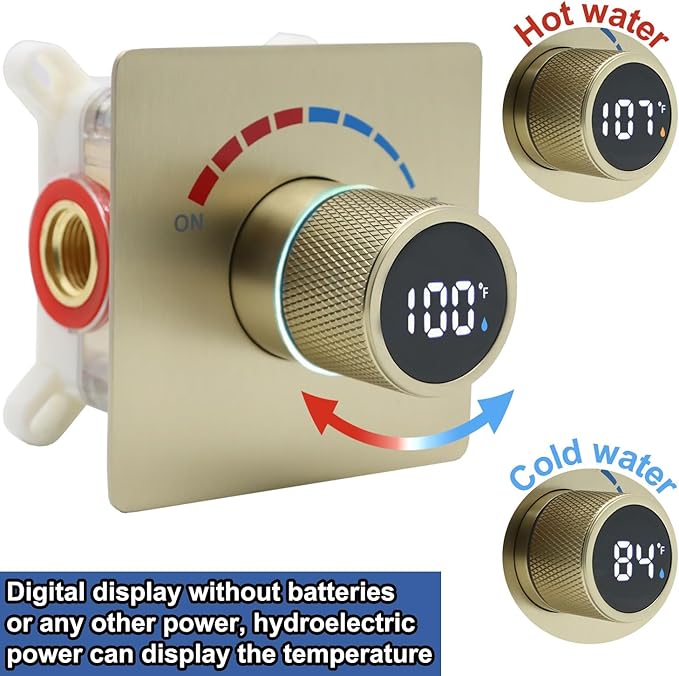 Concealed LED Digital Display Shower Diverter Valve Shower Mixing Valve Single Way Can Use All the Time Brushed Gold
