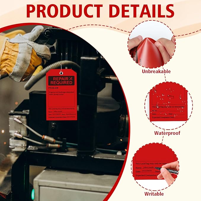 100 PCS Waterproof Repair Required Tags Red Repair Tags with Wire 3x5 Inch Service Tag Plastic Maintenance Required Tag with Iron Wire & Pen for Equipment Maintenance Service
