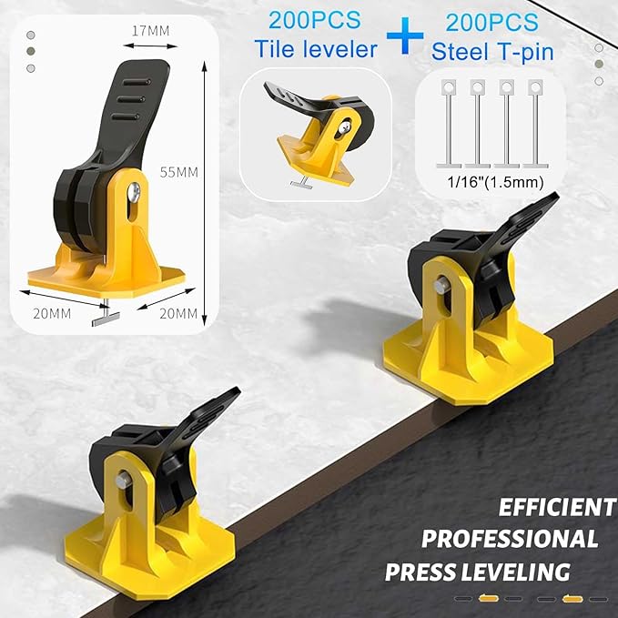 Tile Leveling System 1/8 Kit Tile Spacers,200pcs Reusable Tiles Levelers+200 Replaceable Steel T-Pins,Tlies Tools Leveling Clips For Wall Floor Installation Compounds 1/16 Adjustable Fit 8-12mm