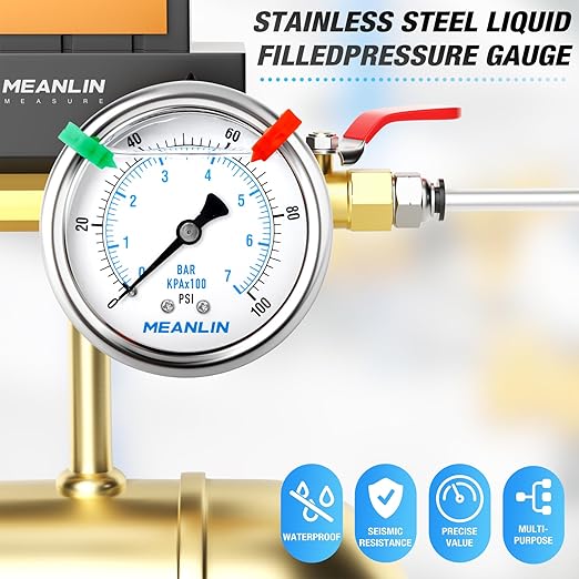 MEANLIN MEASURE 0~100Psi Liquid Filled Pressure Gauge 1/4" NPT 2.5" FACE DIAL Stainless Steel Glycerin Filled WOG Water Oil Air Back Mount (with 2PCS Snaps)