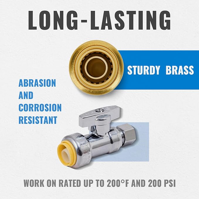 Straight Stop Valve, 6-Pack SUNGATOR Straight Water Shut Off Valve 1/2 x 3/8 Inch Compression, Toilet Water Shutoff, 1/4 Turn, No Lead Brass Push-to-Connect Plumbing Fittings for PEX Pipe, Copper,CPVC
