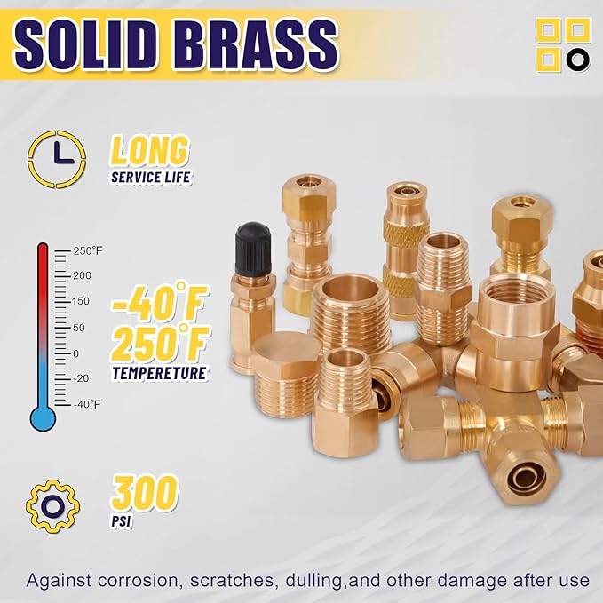 200 Pcs Brass DOT Air Brake Line Fittings & Air Nylon Tube Compression Fittings Assortment Kits,1/4" 1/8" 3/8" 1/2" NPT Push To Connect Fittings Quick Connect Air Hose Fittings