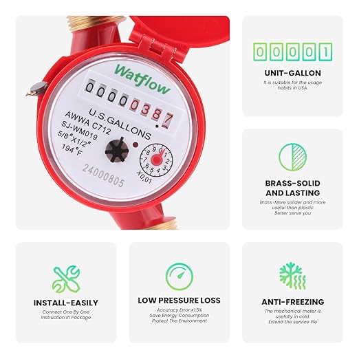 Watflow DN15 Water Meter 1/2" NPT, AWWA C712 Certification Gallon Water Flow Meter, Hot Water Meter for Garden/Home/Apartment, Horizontal Install.