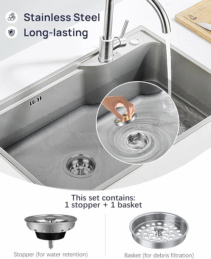 3-1/2 Inch Commercial Kitchen Sink Drain Assembly - Stainless Steel Construction, Dual Strainer Baskets for Drain & Stopper, Fits Restaurant, Food Service, Industrial Sinks