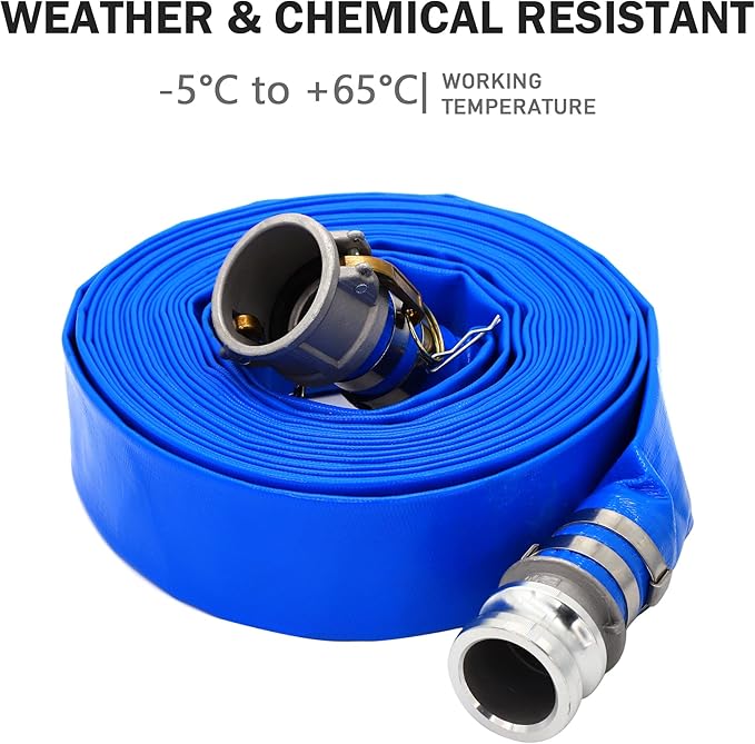 DAVCO 1-1/2" ID x 50 ft PVC Lay Flat Discharge Hose with Aluminum Camlock C and E Fittings, Heavy Duty Reinforced Blue Backwash Pump Hoses for Swimming Drain Pools and Clean Filters