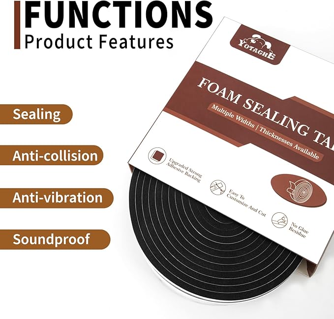 Yotache Foam Rubber Seal Strip Tape 2" x1/4", Foam Adhesive Strips Closed Cell Foam Tape Automotive Weather Stripping, 2 Roll Total 13 Feet Long