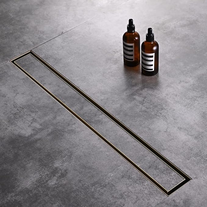 Linear Shower Floor Drain, Brushed Gold 60 Inch 304 Stainless Steel Bathroom Drains Kit, Rectangular Shower Trench Drain with Reversable Tile-in Pattern Drain Cover & Hair Catcher