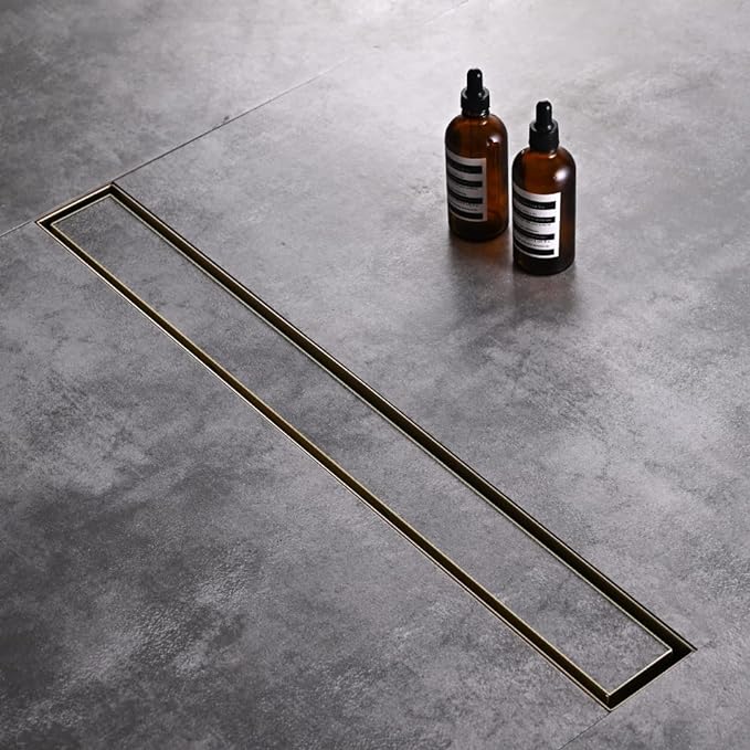 Linear Shower Floor Drain, Brushed Gold 30 Inch 304 Stainless Steel Bathroom Drains Kit, Rectangular Shower Trench Drain with Reversable Tile-in Pattern Drain Cover & Hair Catcher