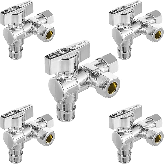 5-PCs HeSun PEX Expansion Inlet Angle Stop Valve, Quarter-Turn 1/2" PEX-A x 3/8" OD x 3/8" OD Compression, Dual Compression Outlet Shut Off Valve, Chrome Plated Brass, ASTM F1960(VALVE203-5)