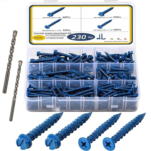 232Pcs Concrete Screws with Drill bits,1/4 3/16 Masonry Screws for Concrete Assortment Kit,4 Sizes Flat & Hex Head Block Cement Stacoo Screws and Anchors,Diamond Point,Blue Coated