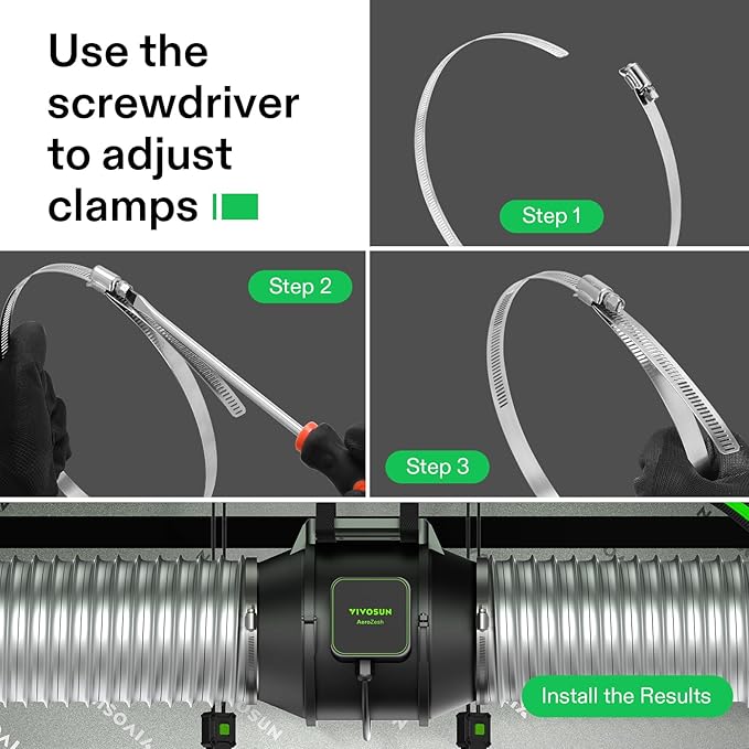 VIVOSUN Stainless Steel Air Ducting Clamps, 6/8/12 Inch Adjustable Hose Clamps with Worm Drive for Ducting, Heating, Cooling, Exhaust, and Ventilation (Pack of 4)