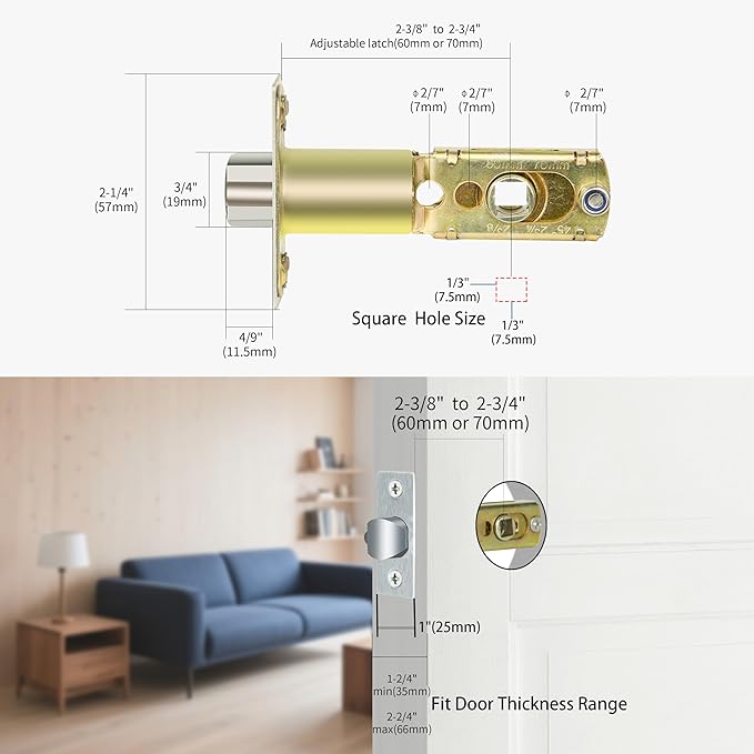 Entry Door Lock Latch Deadlatch Bolt deadbolt Latch Adjustable 2-3/8" or 2-3/4" Size 60/70mm Fit 45° Rotating Angle Door Lock and Lever Door (1, 45D)