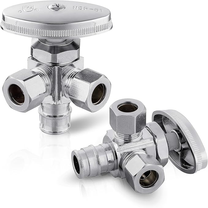 (Pack of 2) EFIELD Multi-turn Dual Outlet Angle Stop Valve, Multi-Turn, 1/2" Expansion F1960 Pex-a Pipe Inlet x (3/8 inch x 3/8 inch) Compression Outlets,(VALVE066-2PCS)