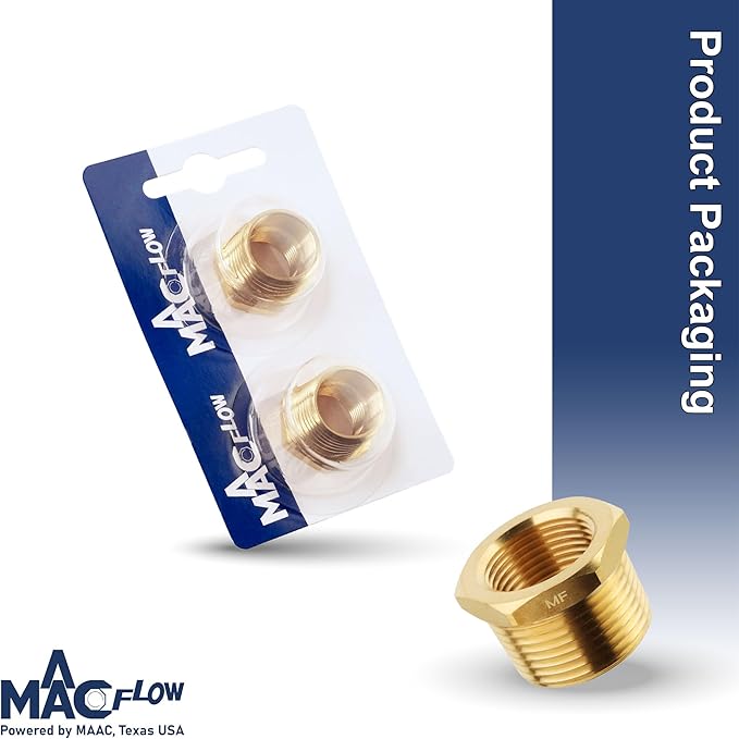 MAACFLOW brass 1/2" Male NPT to 3/8" Female NPT Adapter Reducer Hex Bushing (Thread OD 0.81" - ID 0.58") (pack of 2)