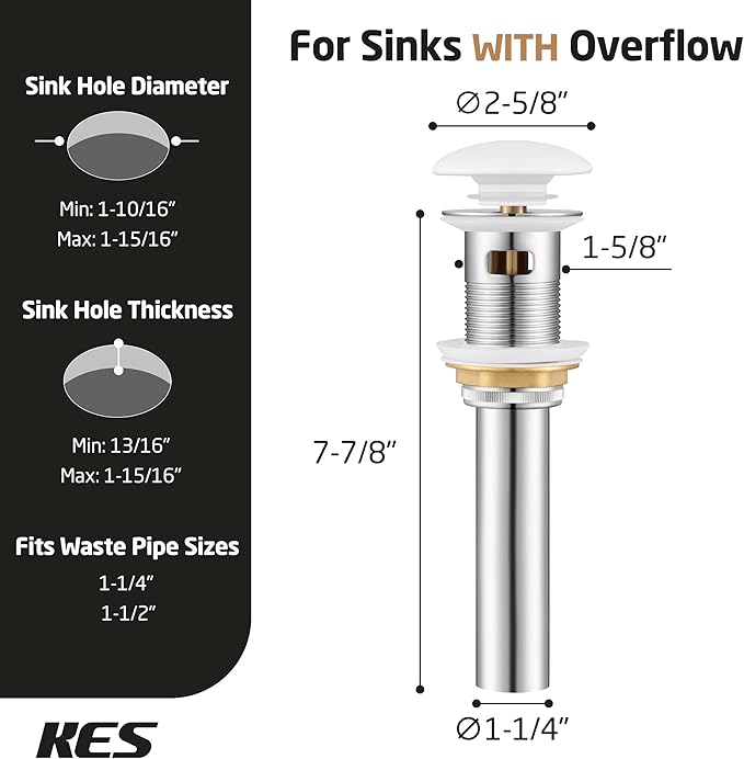 KES Bathroom Sink Drain with Oveflow, Pop Up Drain for Bathroom Sink, Bathroom Sink Stopper (White Ceramic Cap and All-Metal Body), S2008A-CW