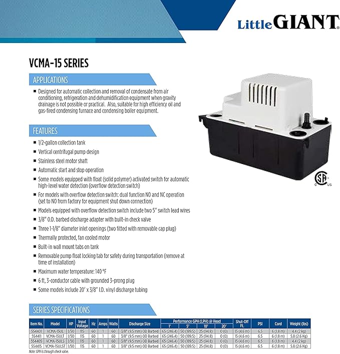 Little Giant VCMA-15ULS 115 Volt, 65 GPH, 1/50 HP Automatic Condensate Removal Pump for HVAC/Refrigeration Systems/Dehumidifiers with Overflow Detection Switch and 6-Foot Cord, White/Black, 554405