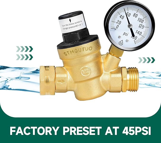 RV Water Pressure Regulator, Brass Lead-Free Adjustable Water Pressure Reducer with Pressure Gauge, includes 2-in-1 Screwdriver, 2 Strainers, Raw Tape for RV Camper and Travel Trailer, Yard.
