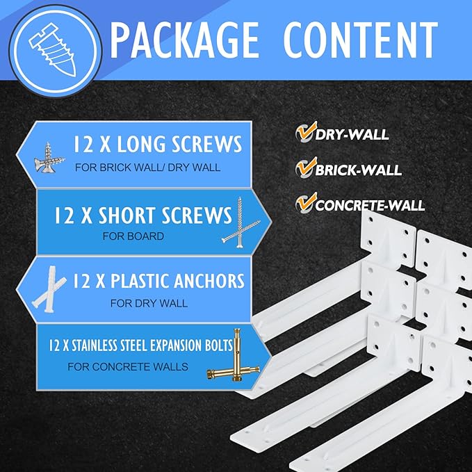 CLT Shelf Bracket( White) , 10” Quarter Inch (1/5") Thick- Max Load: 330 lb Rustic Industrial Modern Farmhouse Heavy Duty Corner Brace Joint Right Angle Bracket for DIY Table Bench, Pack of 6