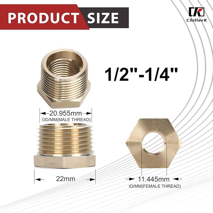 1/2" NPT Male Thread x 1/4" NPT Female Thread Brass Reducing Bushing (Pipe Fitting), 1200 PSI (Pack of 5)