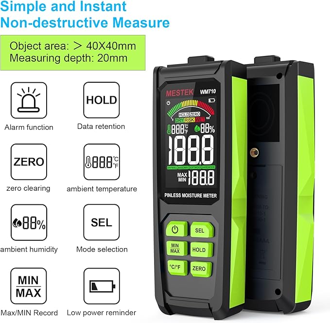 MESTEK Pinless Wood Moisture Meter - Digital Moisture Detector for Lumber Drywall Firewood Masonry Woodworking Plaster Floor Concrete Building, Moisture Reader and Tester with LCD Display & Audible