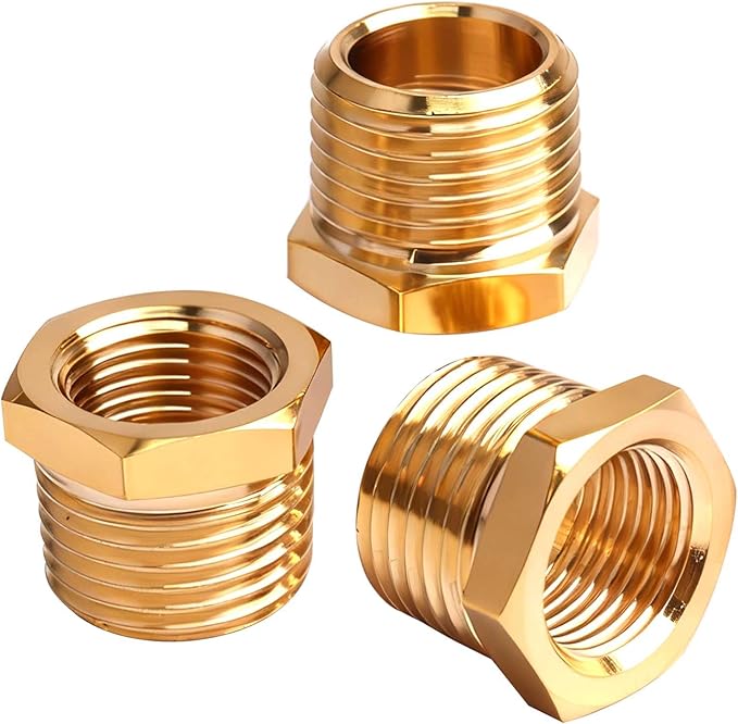 1/2" NPT Male to 3/8" NPT Female Brass Hex Bushing Reducing Bushing Pipe Fitting, Brass Fitting Reducer Adapter 3 Pack