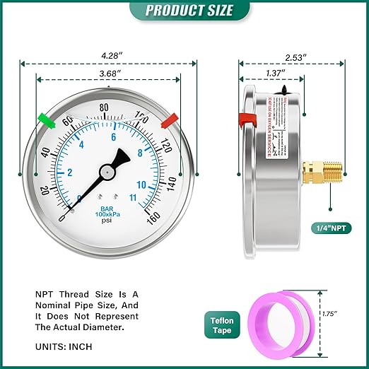 0-160PSI Stainless Steel Liquid Filled Pressure Gauge, 4" Dial Size, 1/4" NPT Back Mount, for Tube, Water Pump, Gas, Liquid, Pressure Test (with Range Mark Pointer)