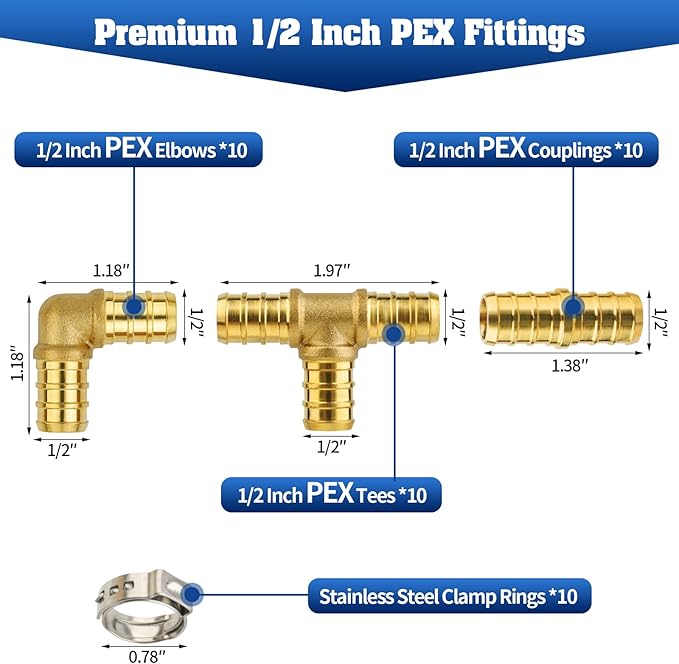 1/2 Inch PEX Fittings, No Lead Brass, 40-Piece Set (10 Tees, 10 Elbows, 10 Couplings, 10 Clamp Rings) for Hot & Cold Water, Compatible with PEX-A, B, C