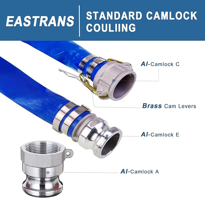 2" x 100' Heavy Duty Discharge Hose Blue PVC Backwash Hose for Swimming Pools, Reinforced Pool Drain Hose with Aluminum Camlock C and E Fittings, Cam Lock Fitting Type A included