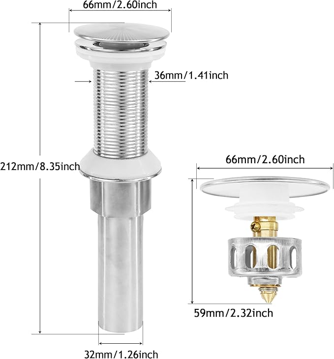 Bathroom Sink Drain,2 Pack Drain Stopper Without Overflow,Pop Up Drain Assembly with Detachable Strainer Basket,Built-in Anti-Clogging, Stainless Steel Nut Brushed Nickel
