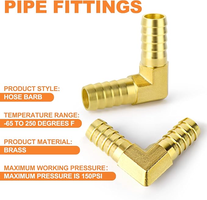 GASHER 20 Pieces Brass Hose Barb Reducer, 1/4 Inch to 1/4 Inch Barb Hose ID 90 Degree L Right Angle Elbow with 40 Hose Clamps, Brass Barb Reducer SPLICER Fitting Fuel/AIR/Water/Oil/Gas/WOG