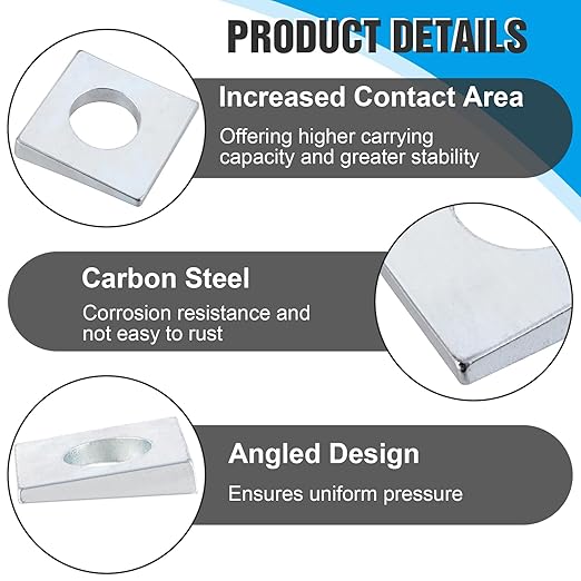 6 Pcs 1/2" Beveled Square Washers, 1-1/8" x 1-1/8" Plain Carbon Steel Galvanized Wedge Shaped Washer 2mm to 6.6mm Thick, Metal Shims for Leveling (Silver)