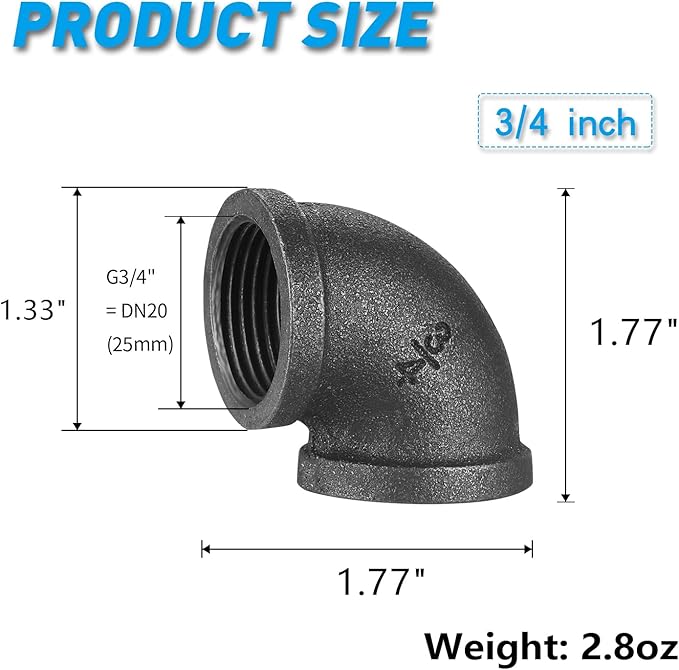 3/4" Pipe Fitting Elbow, 20 Pack DN20 Gray Threaded Cast Malleable Iron Elbow for Steampunk Vintage Shelf Bracket DIY Plumbing Pipe Decor Furniture (20, 3/4")
