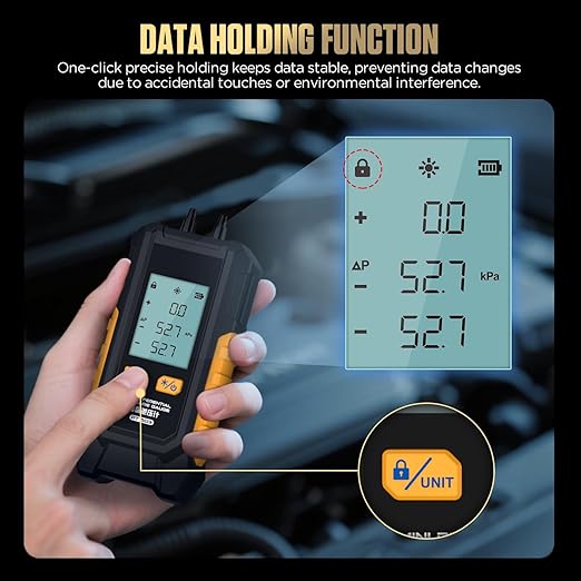 Manometer, Dual-Port Manometer HVAC Gas Pressure Tester with 7 Adapters, 6 Units Switch, Data Hold & Backlit Display Screen, -100 to 200 kPa, Portable Design, PT503