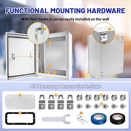 Outdoor Electrical Box 16 x 12 x 6''D NEMA 4X Enclosure Steel Box, Waterproof & Dustproof Outdoor/Indoor Lockable Electrical Junction Box, with Mounting Plate
