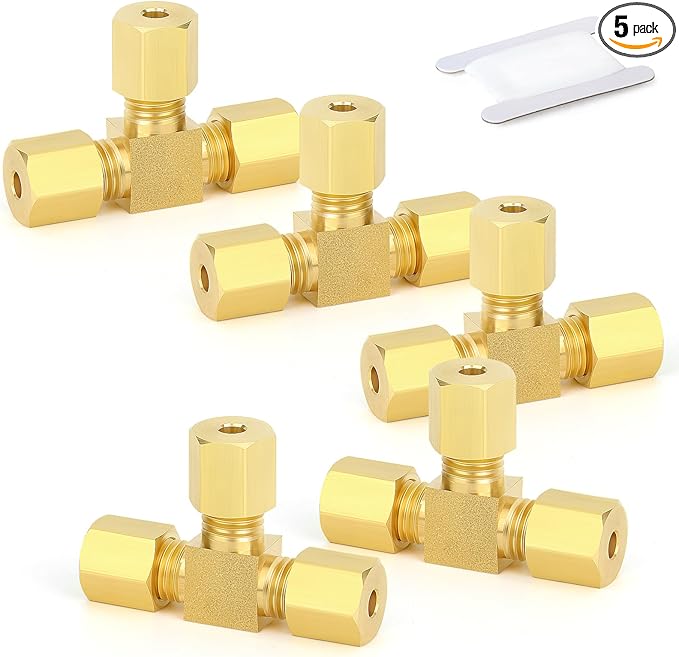 GASHER 5PCS Brass Compression Tube Pipe Fitting Connector, Tee，1/8" x 1/8" x 1/8" Tube OD Connector