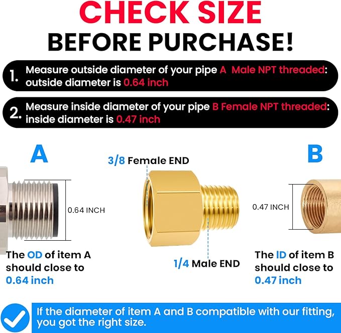 SDTC Tech 2-Pack Brass Pipe Fitting 1/4 NPT Thread Male to 3/8 NPT Thread Female Reducer Adapter, Brass Pipe Extension Connectors