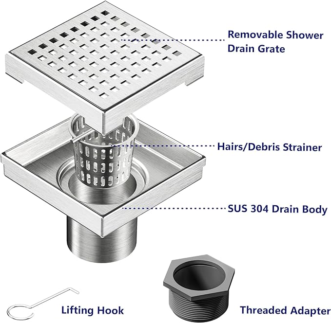 Neodrain 4-Inch Square Shower Drain with Removable Quadrato Pattern Grate, Brushed 304 Stainless Steel Square Drain for Bathroom with Hair Strainer,CUPC Certified