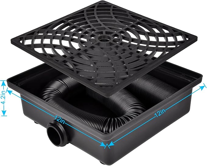 Catch Basin Gutter Downspout Extensions, 12"×12" Low Profile Catch Basin Downspout Extender with 2" ID Flexible Pipe, No Deep Dig Needed, Rainwater Diverter, Pipe Stretched Length 8.2ft