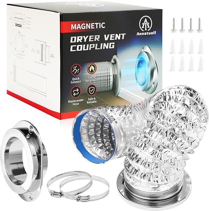 Magnetic Dryer Vent Coupling DV180, Airtight Seal Magntic Drver Vent Connector Kit, Including 6-Ply Aluminum Foil Duct and 2 Clamps