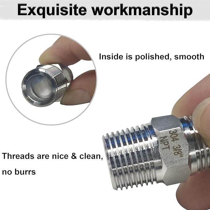 ZOUNI Hex Nipple 1/4” Male x 1/4” Male Pipe Fittings, 304 Stainless Steel 1/4” inch NPT Male Threaded Pipe Adapter Fittings Equal Nipples Connectors, Male Straight Connector Pipe Fitting
