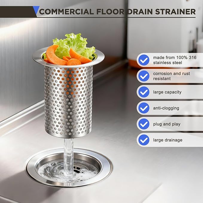 3" Diameter Commercial Floor Drain Strainer 4" Tall Perforated Cylindrical Mesh 316 Stainless Steel Drain Basket with Carry Handle –Heavy-Duty, for Restaurants, Kitchens, Factories